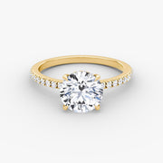 Round Cut - Pave Band Hidden Halo - Classic Engagement Ring- 14 K Gold